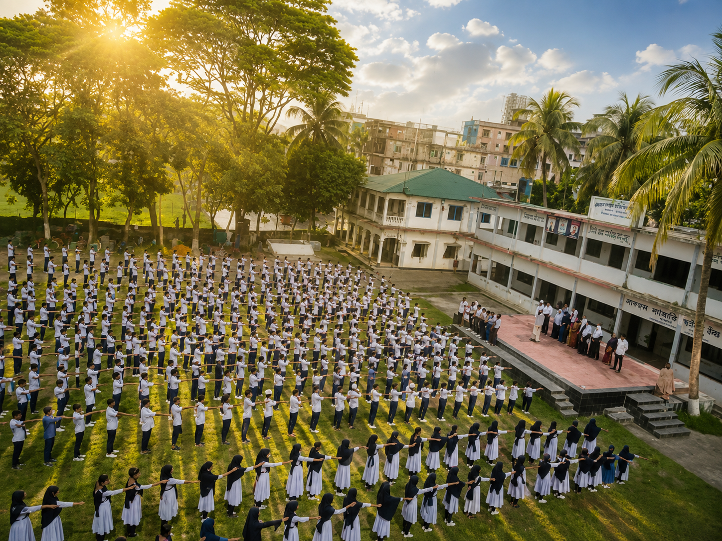 Students lined up at morning assembly